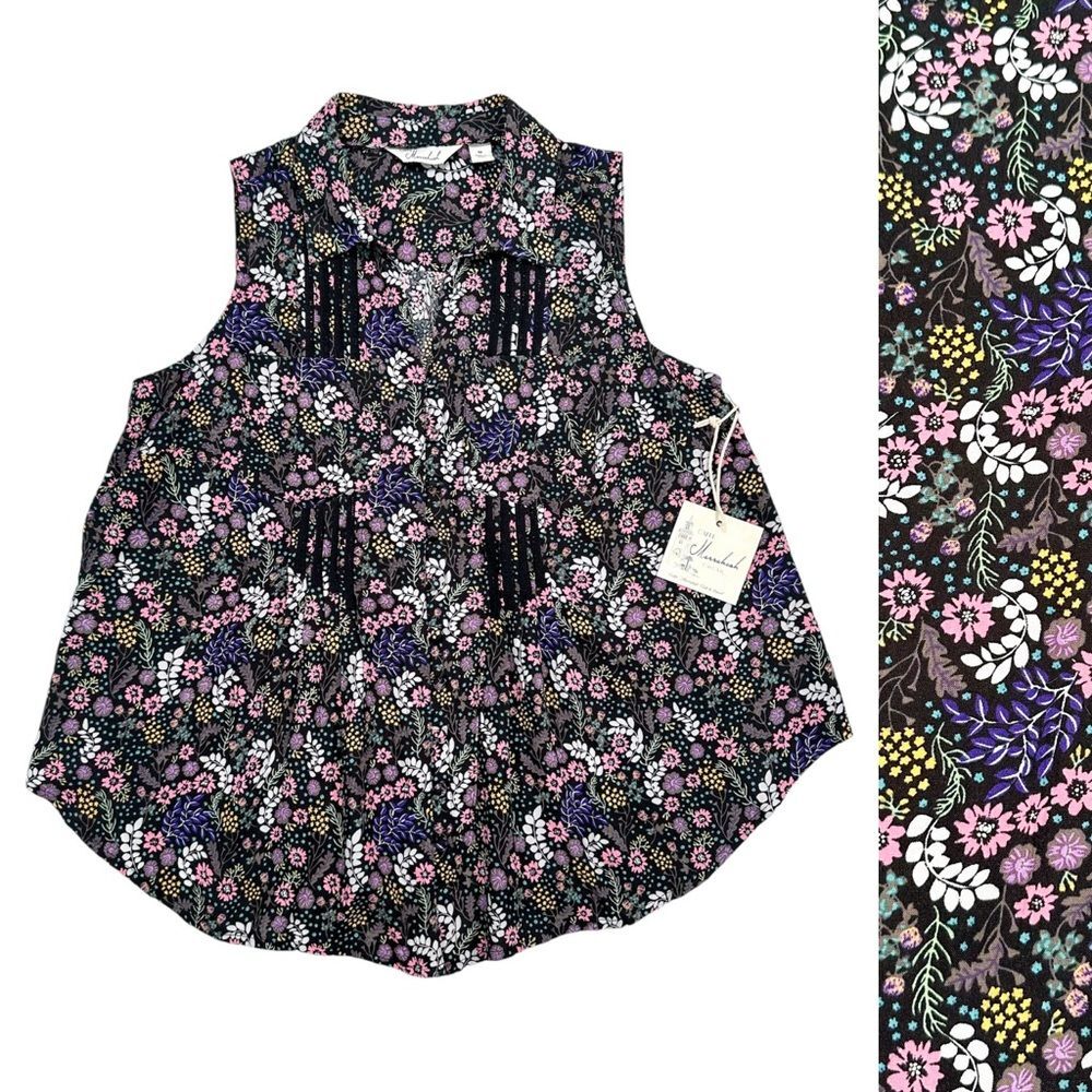 NWT Caffe Marrakech Size M Floral Print Button Front Sleeveless Collar Blouse